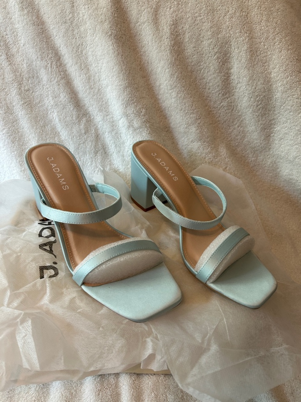 J Adams Light Blue Satin Double-Strap Block Heels New in Box
